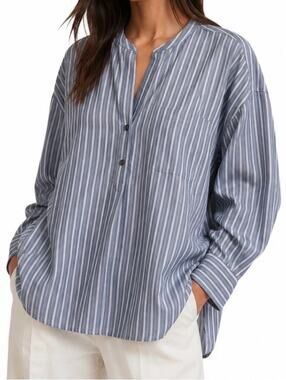 Vince Gray Blue Striped Cotton Popover Tunic Blouse Women’s Medium